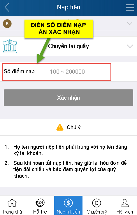 cập nhật điểm qua hình thức nạp tại quầy